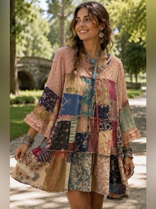 POL Dresses & Skirts - H071 New POL L ptp24 Patchwork Eyelet Mini Dress - Peach Multi